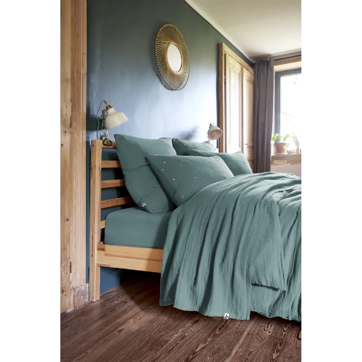 Parure de draps Gaïa L'EFFET PAPILLON double gaze bleu 4 ou 5 pièces