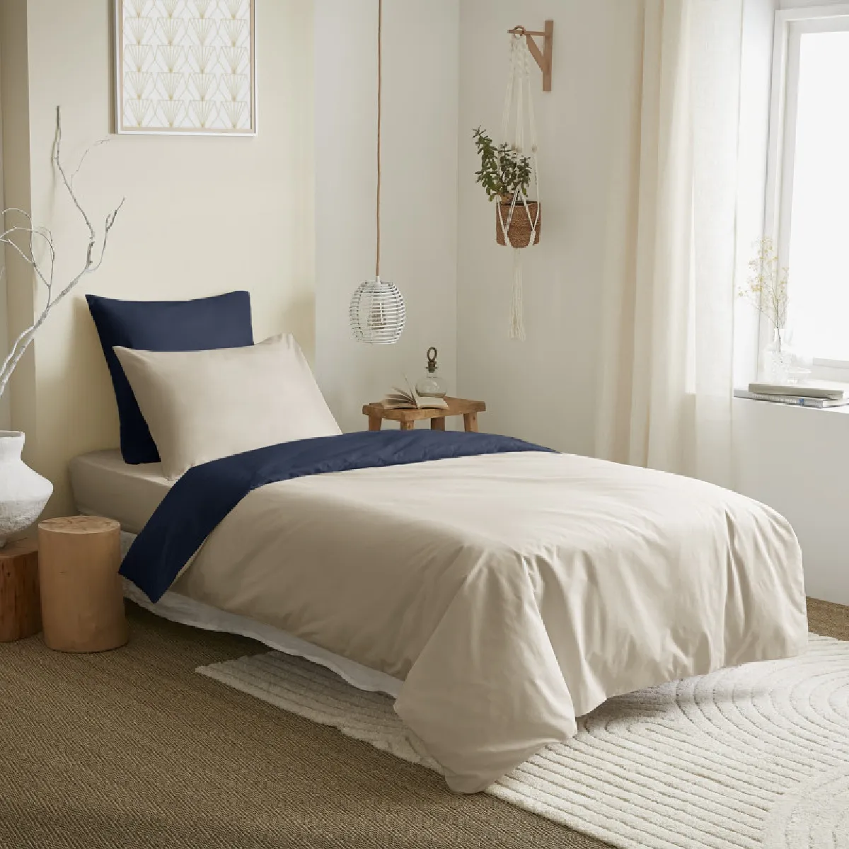 Pack Complet 4 Pièces Lin/marine Réversible Housse De Couette Pour Lit 90 X 190 Cm