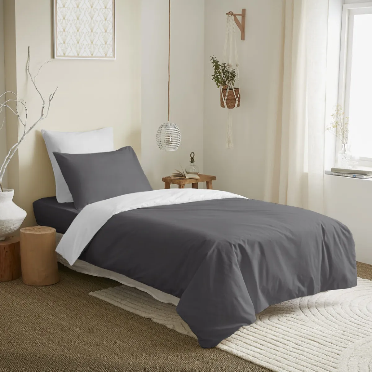 Pack Complet 4 Pièces Anthracite/blanc Réversible Housse De Couette Pour Lit 90 X 190 Cm