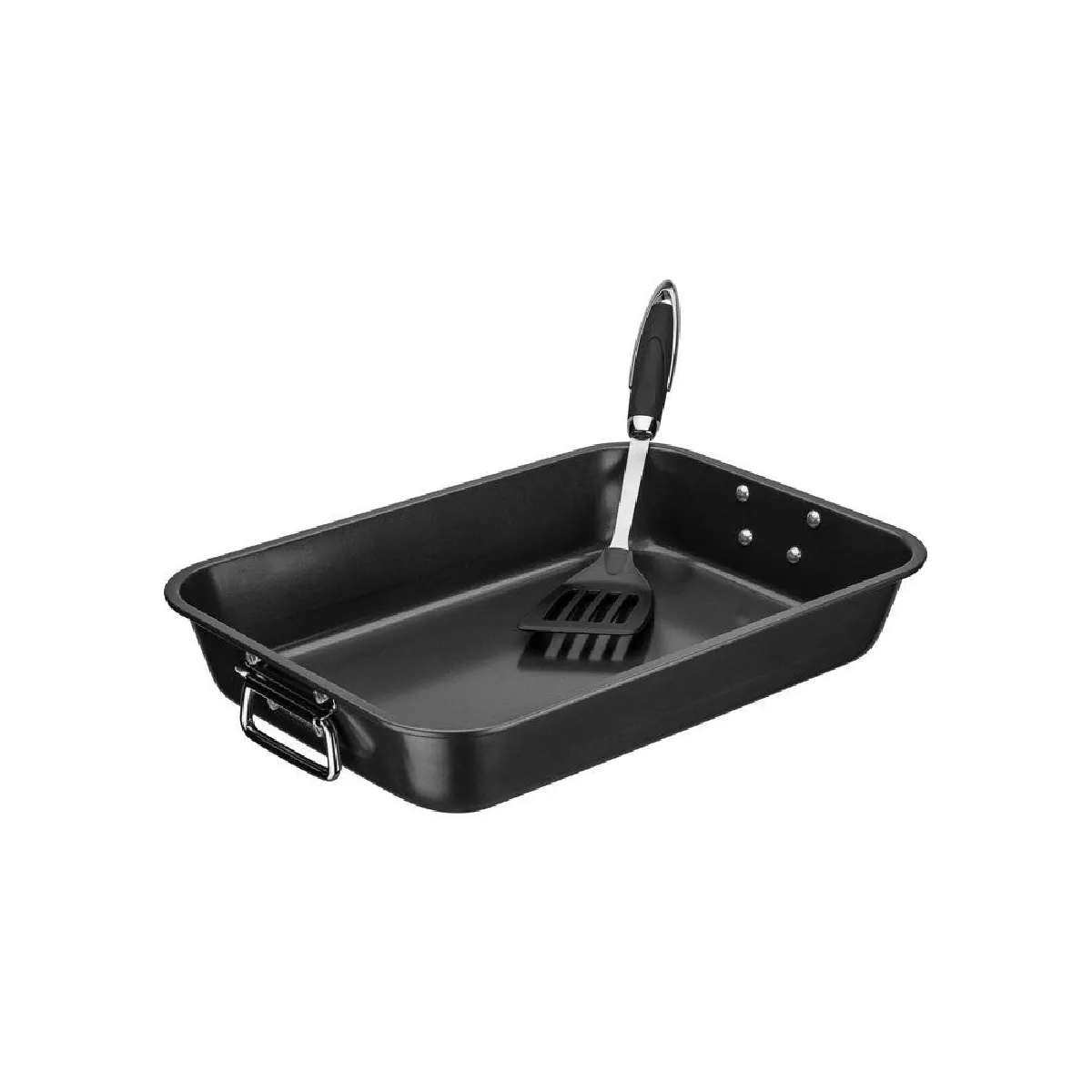Plat A Gratin - 40 X 28 X 7 Cm - Acier Massif - Anti-adhésif - Poignées Inox Rabattables - Avec Spatule - Noir