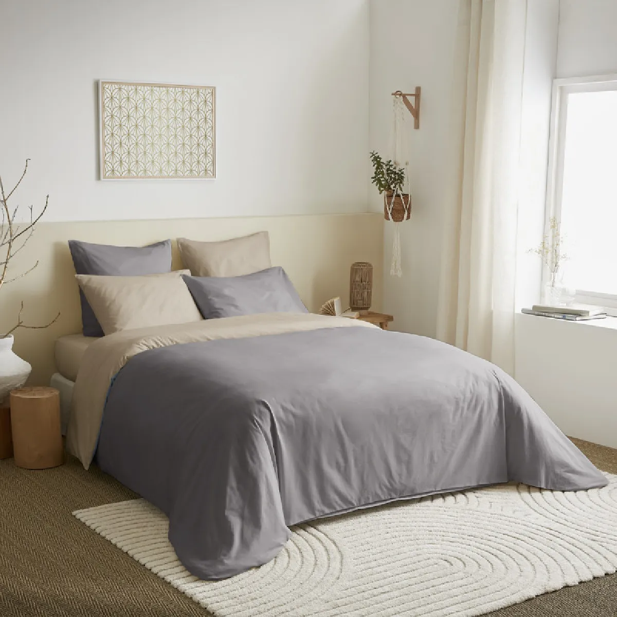Pack Complet 6 Pièces Taupe/lin Réversible Housse De Couette Pour Lit 180 X 200 Cm "king Size"