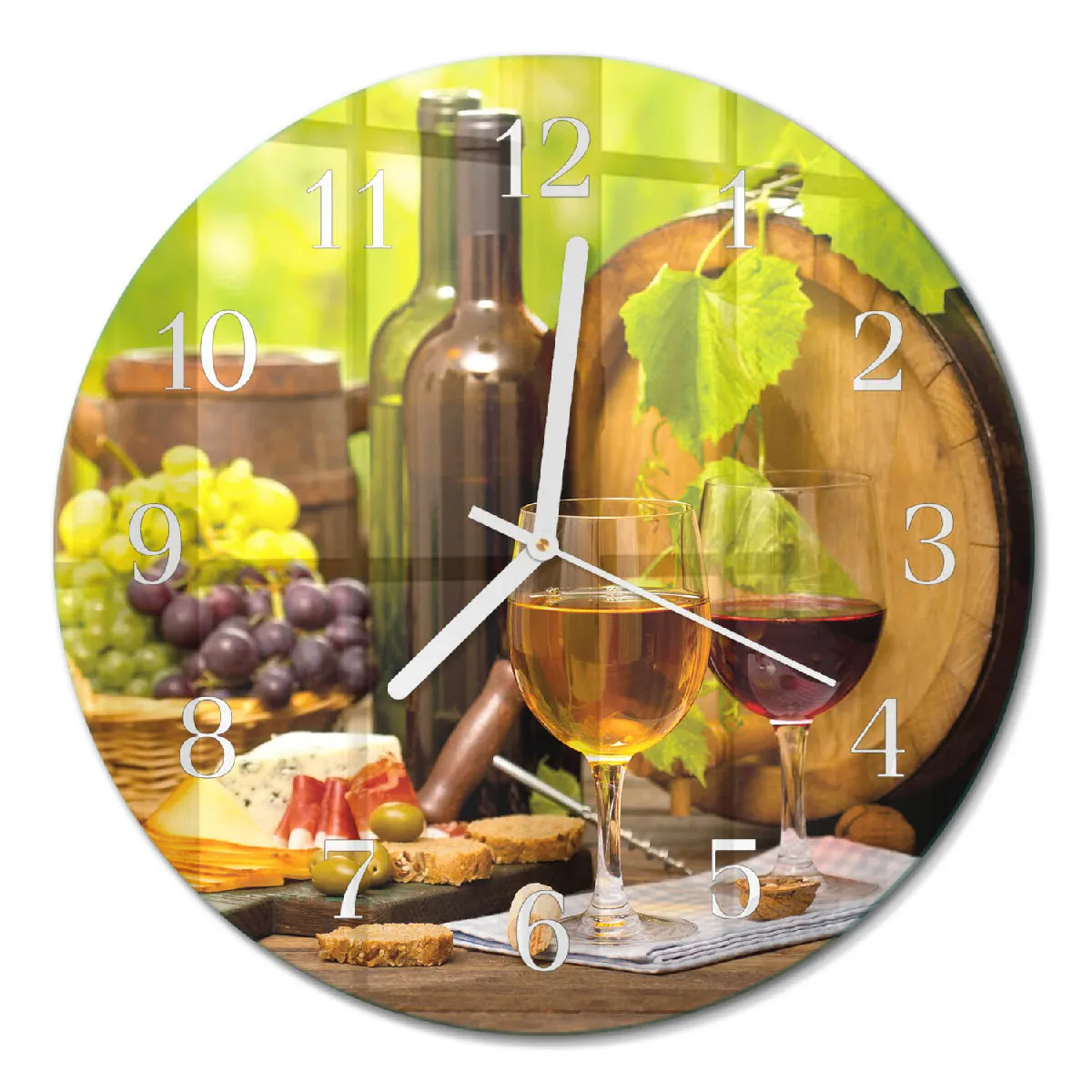Horloge Ronde En Verre Tulup fi30 cm Raisins pour le vin Aiguilles blanches
