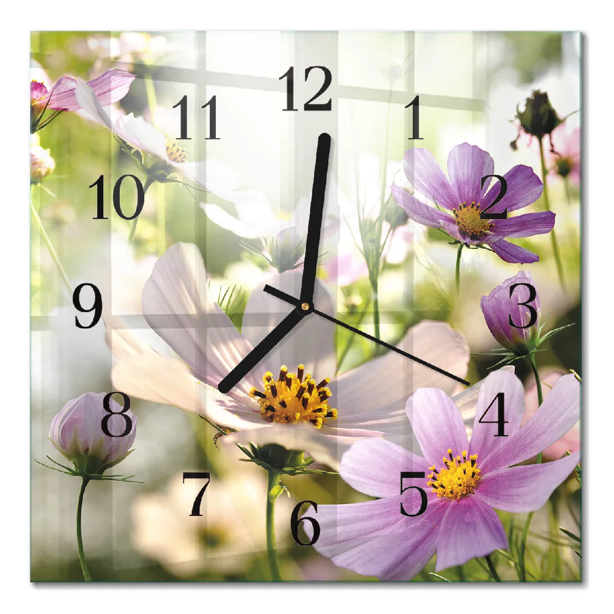Pendule Carrée En Verre Tulup 30x30 cm Fleurs de cosmos Aiguilles noires