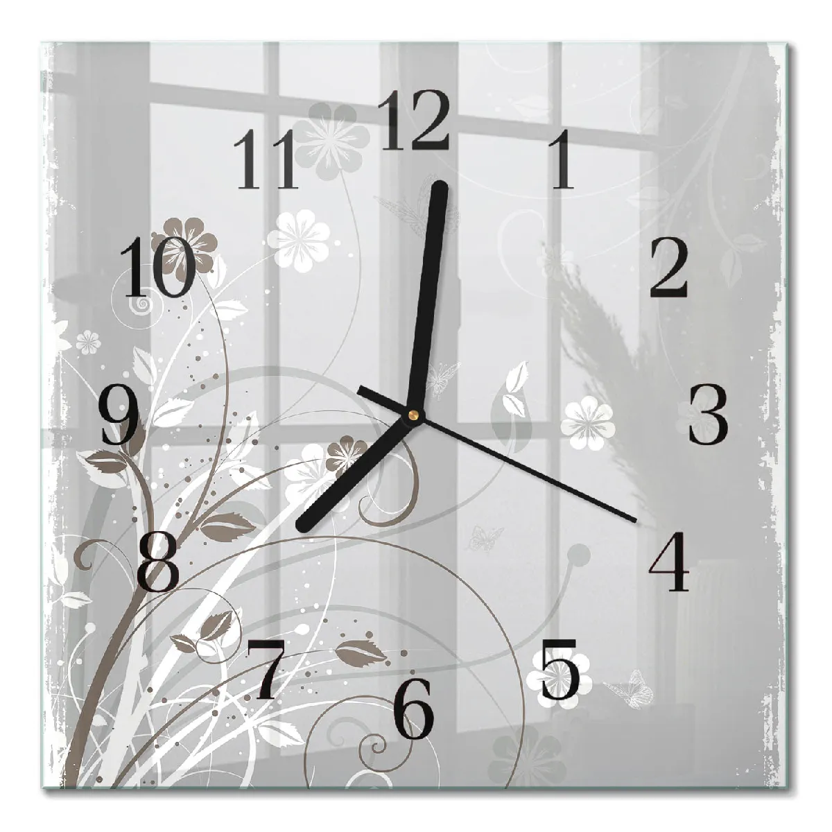 Horloge En Verre Tulup 30x30 cm Fleurs Aiguilles noires
