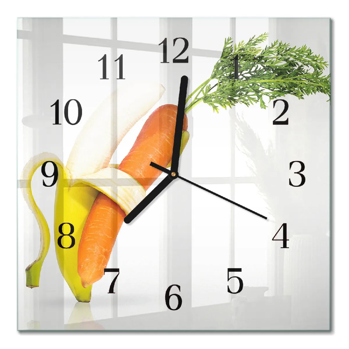 Horloge Carrée En Verre Tulup 30x30 cm Carottes et bananes Aiguilles noires