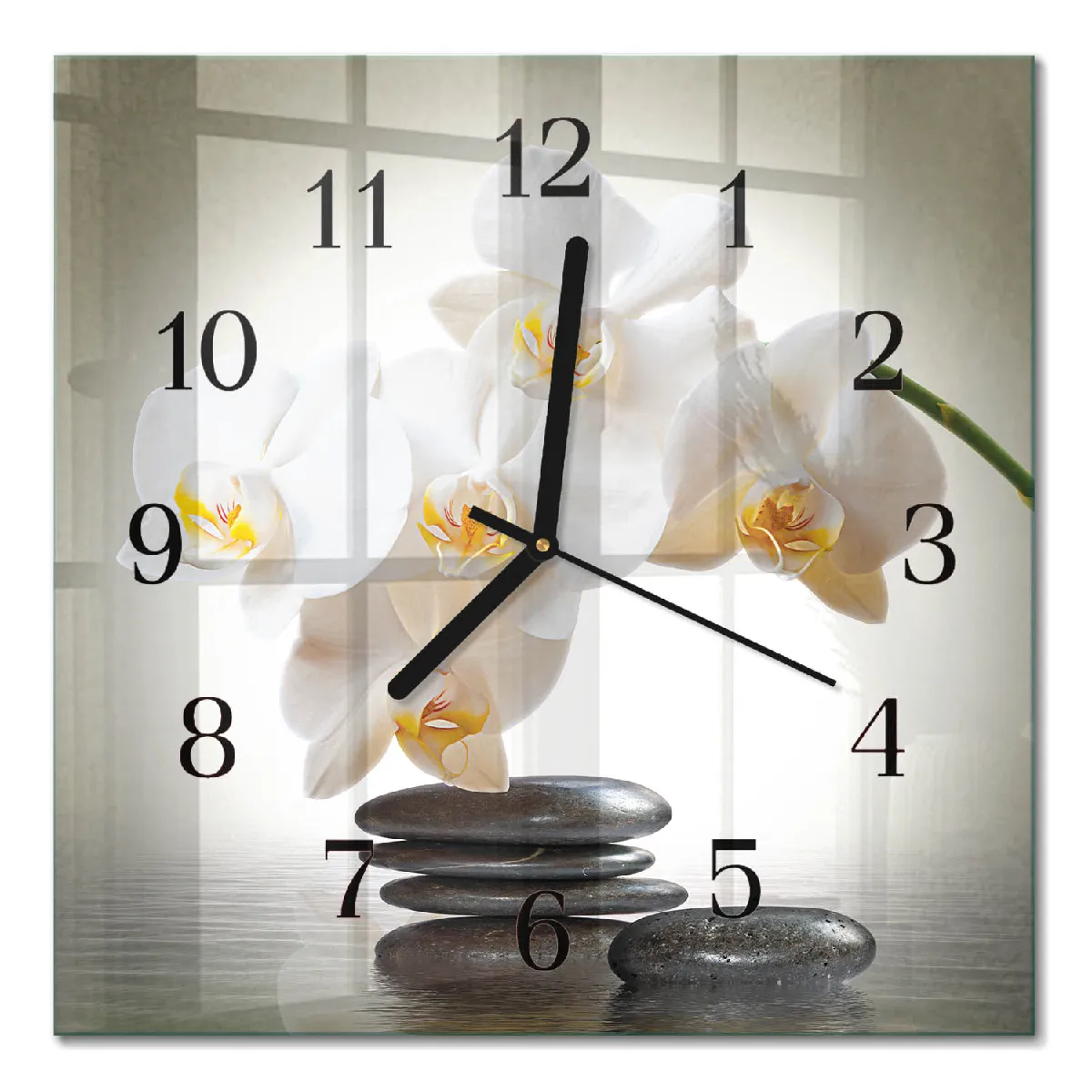 Pendule Carrée En Verre Tulup 30x30 cm Orchidée Aiguilles noires