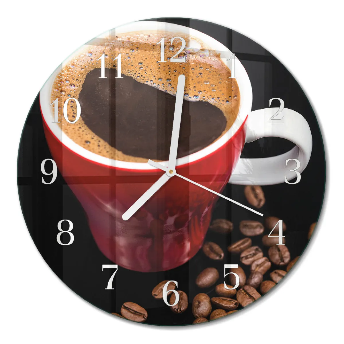 Horloge Ronde En Verre Tulup fi30 cm Une tasse de café Aiguilles blanches