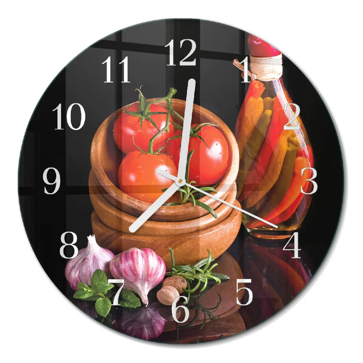 Horloge En Verre Tulup fi30 cm Tomates et ail Aiguilles blanches