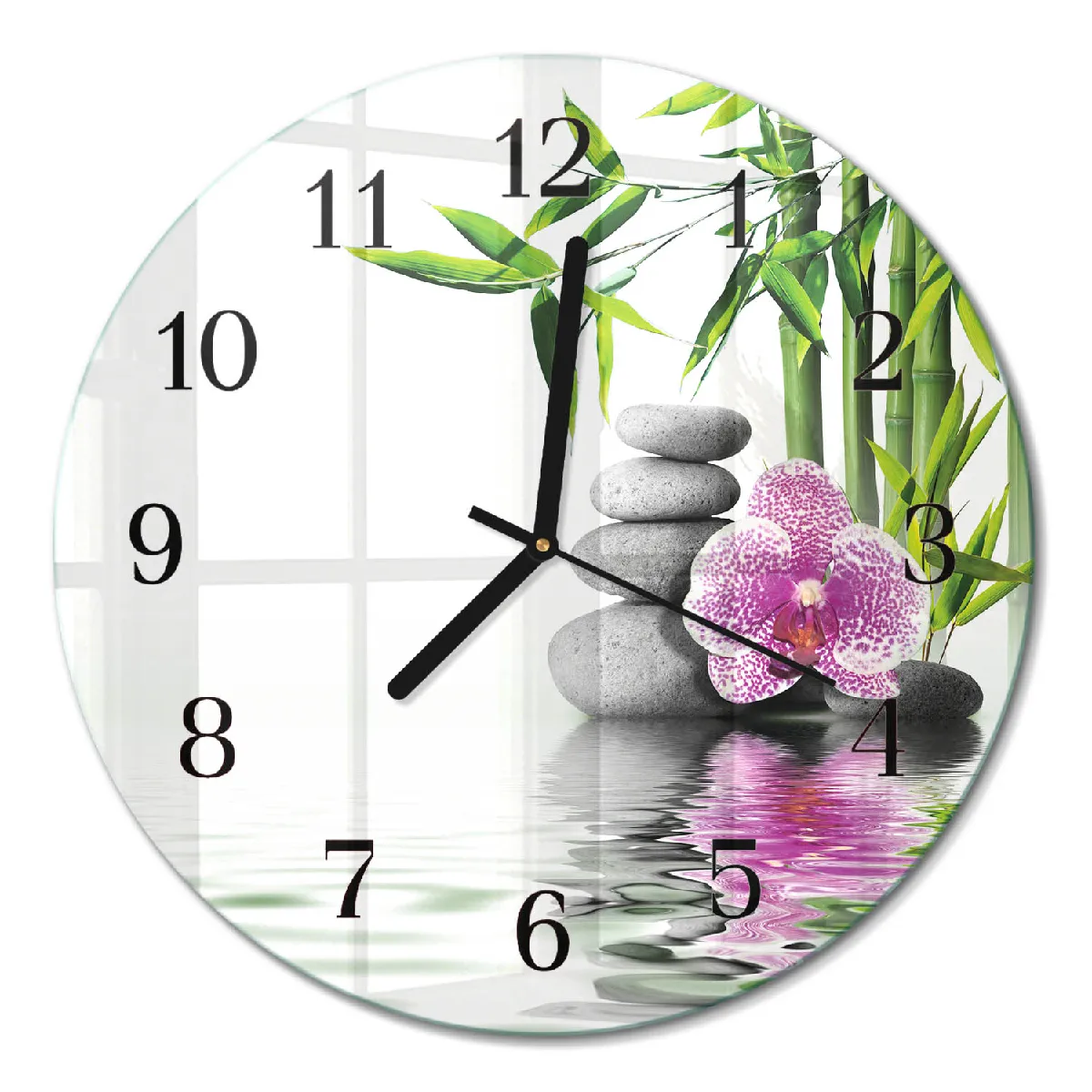 Horloge En Verre Ronde Tulup fi30 cm Pierres d'orchidées Aiguilles noires