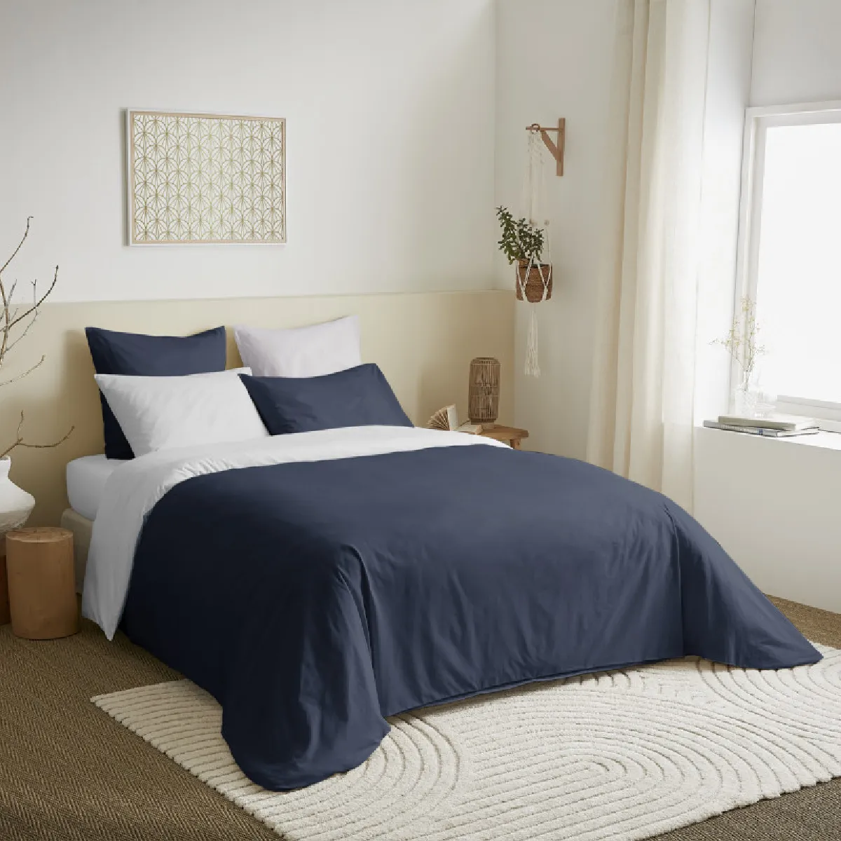 Pack Complet 6 Pièces Marine/blanc Réversible Housse De Couette Pour Lit 180 X 200 Cm "king Size"
