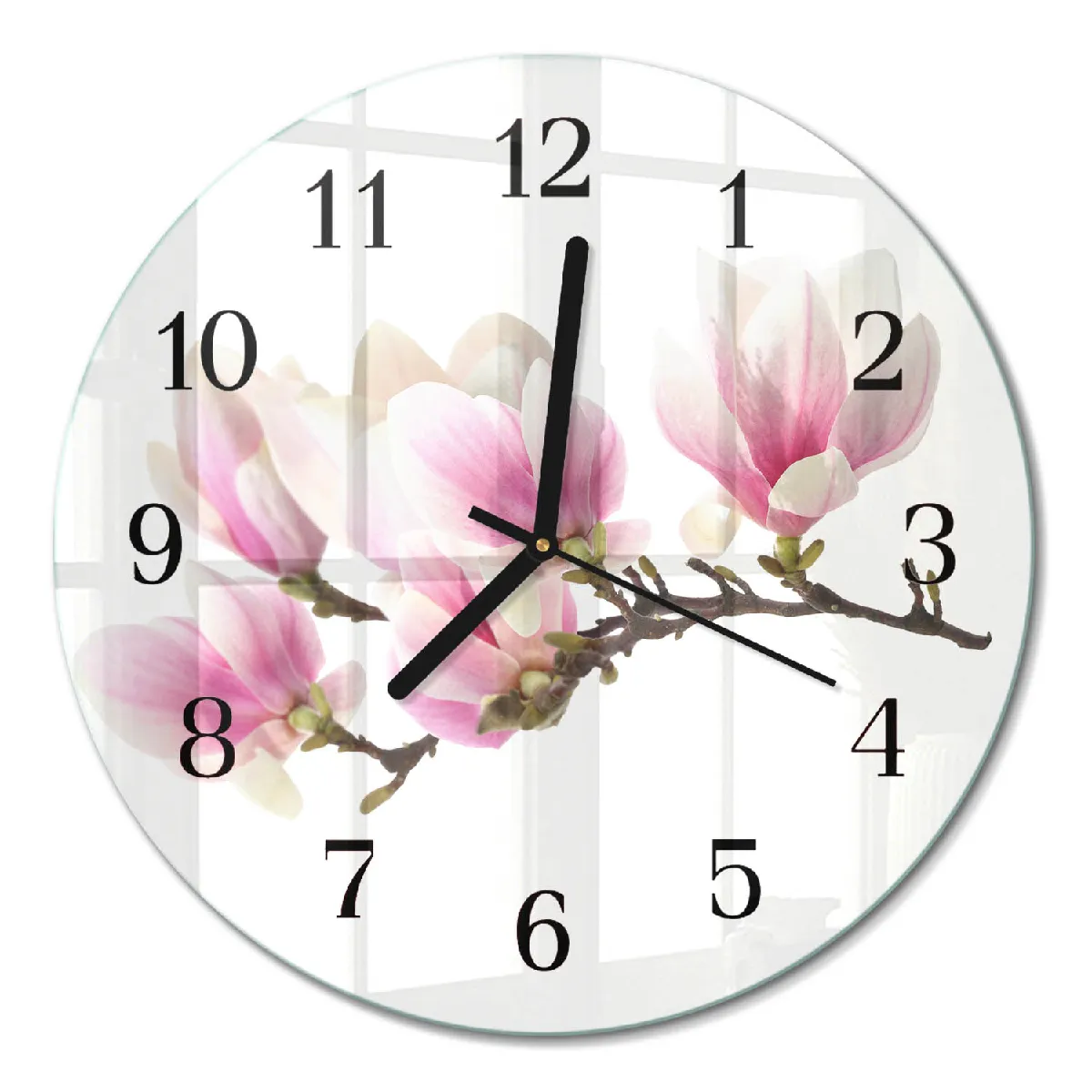 Horloge En Verre Ronde Tulup fi30 cm Magnolia Aiguilles noires