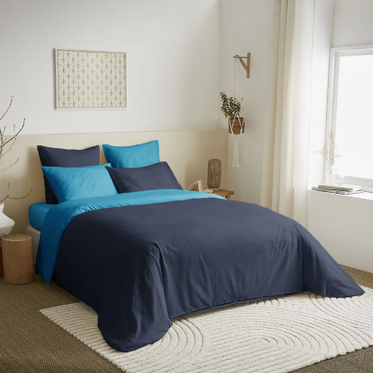 Pack Complet 6 Pièces Marine/turquoise Réversible Housse De Couette Pour Lit 180 X 200 Cm "king Size"