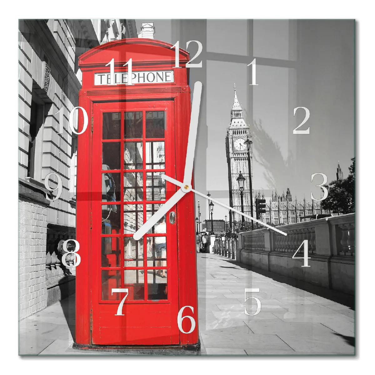 Horloge Murale Carrée Tulup 30x30 cm Cabine téléphonique rouge Aiguilles blanches