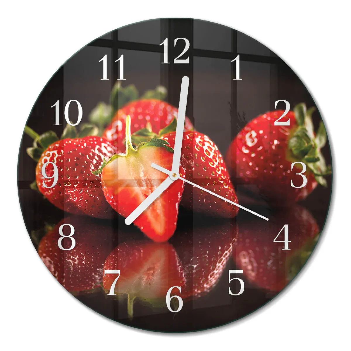 Horloge Ronde En Verre Tulup fi30 cm Fraises Aiguilles blanches