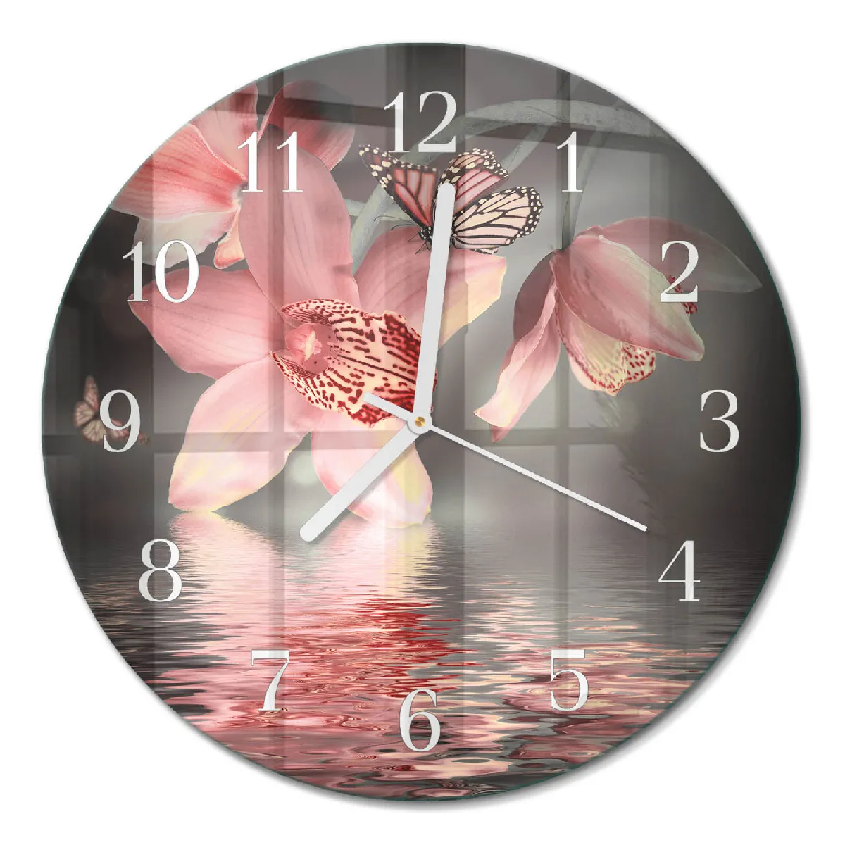 Horloge Ronde Murale Tulup fi30 cm Orchidée Aiguilles blanches