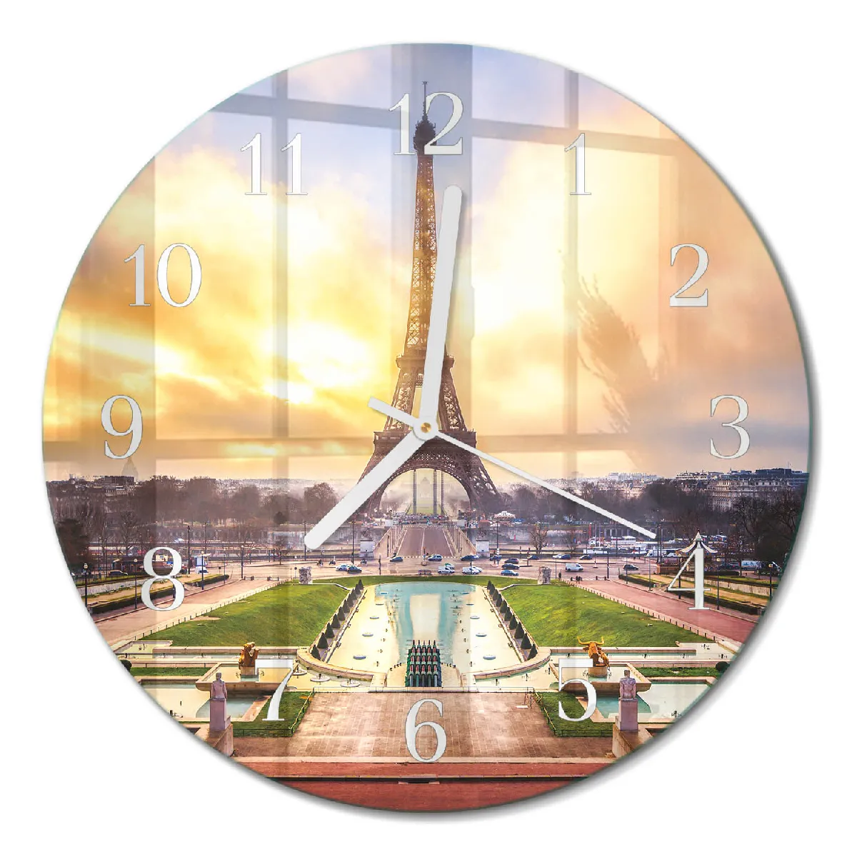 Horloge Ronde En Verre Tulup fi30 cm Tour Eiffel Aiguilles blanches