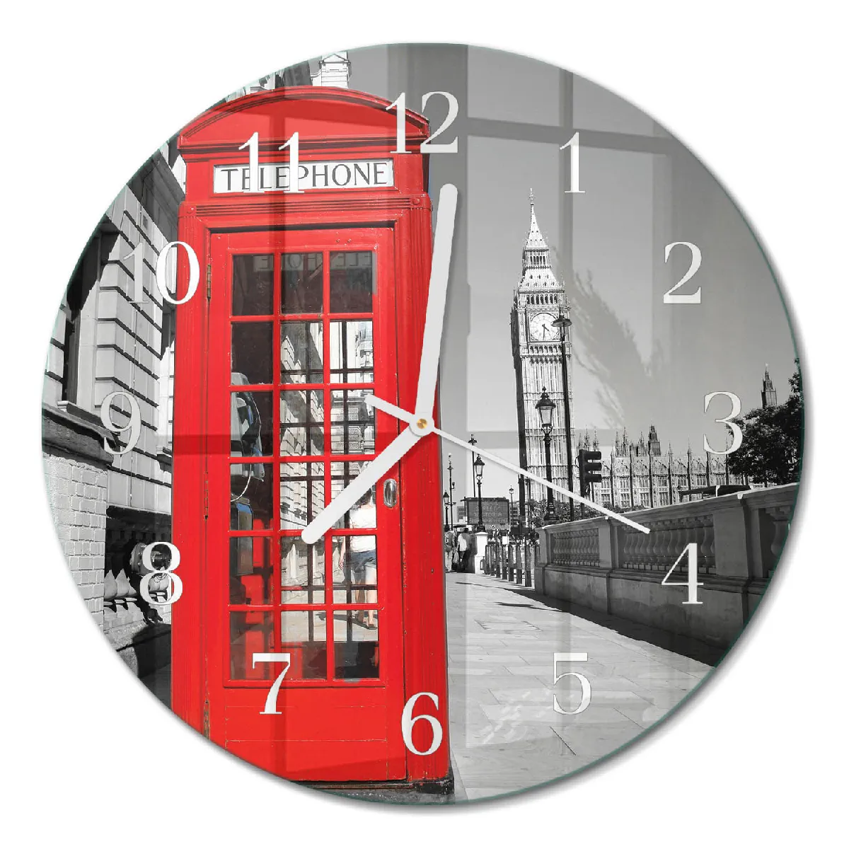 Horloge En Verre Tulup fi30 cm Cabine téléphonique rouge Aiguilles blanches