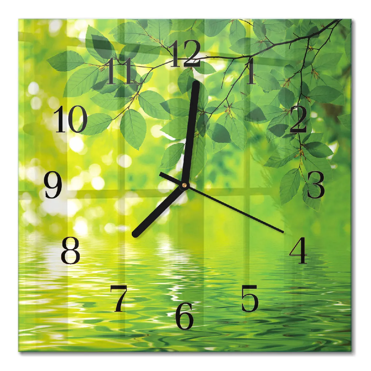 Pendule En Verre Tulup 30x30 cm Feuilles Aiguilles noires