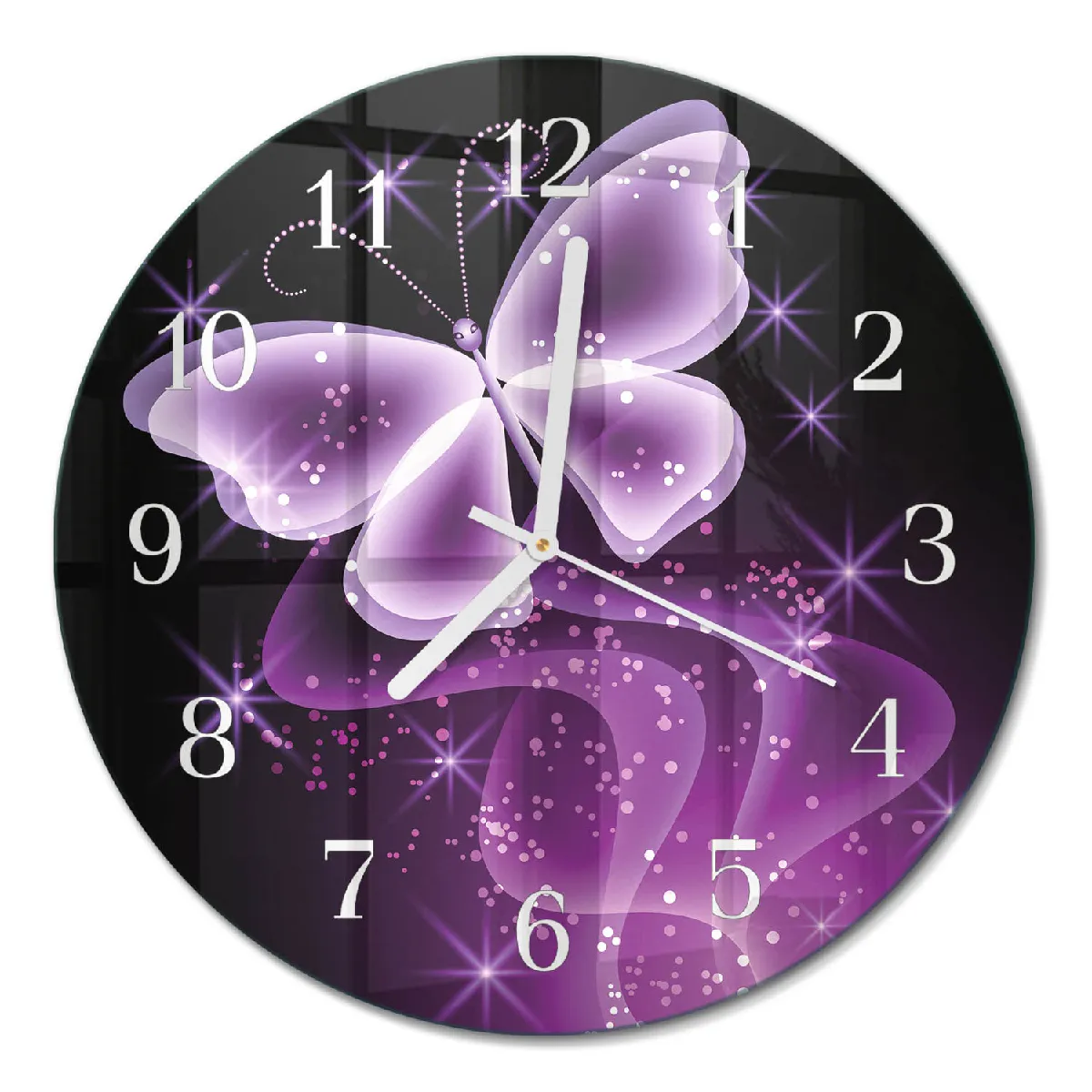Horloge En Verre Ronde Tulup fi30 cm Papillon Aiguilles blanches
