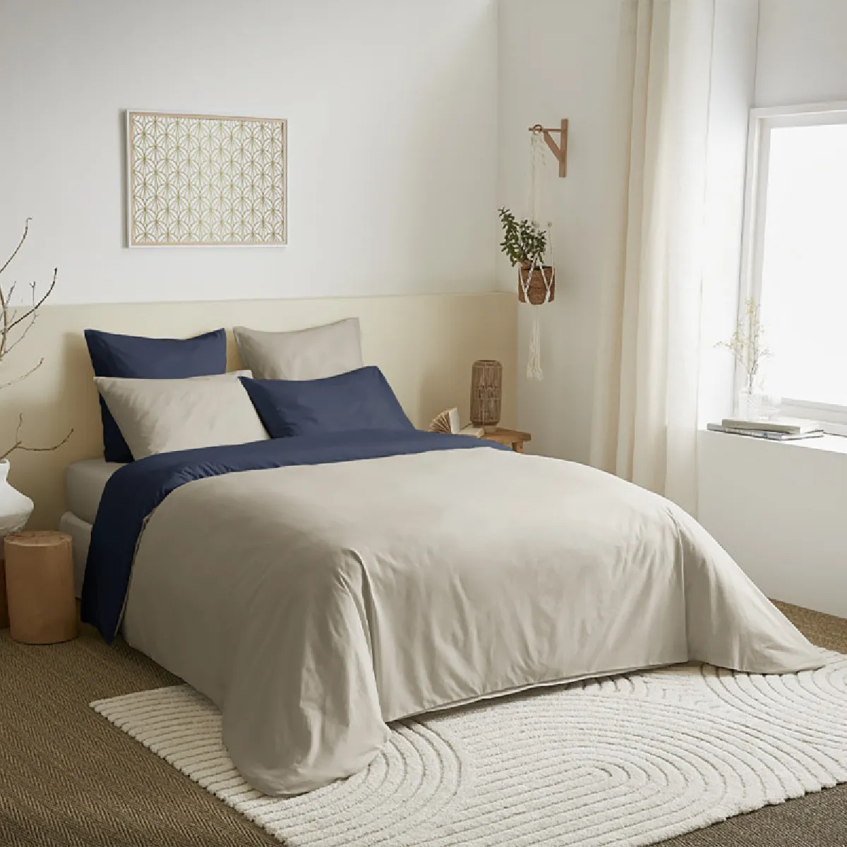 Pack Complet 6 Pièces Lin/marine Réversible Housse De Couette Pour Lit 180 X 200 Cm "king Size"