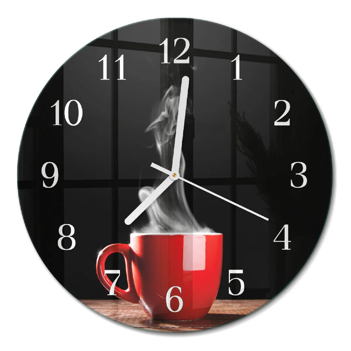 Horloge Ronde En Verre Tulup fi30 cm Une tasse de café Aiguilles blanches