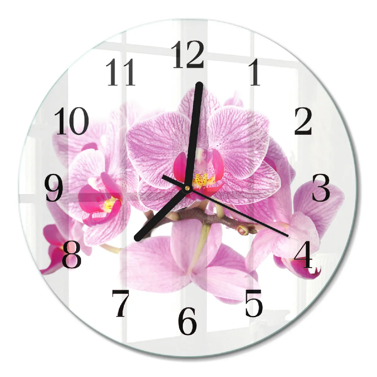 Horloge En Verre Ronde Tulup fi30 cm Orchidées Aiguilles noires