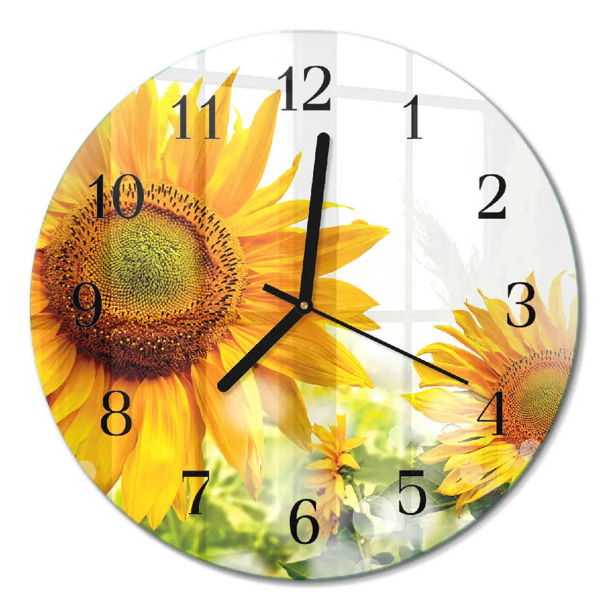 Horloge En Verre Ronde Tulup fi30 cm Tournesol Aiguilles noires