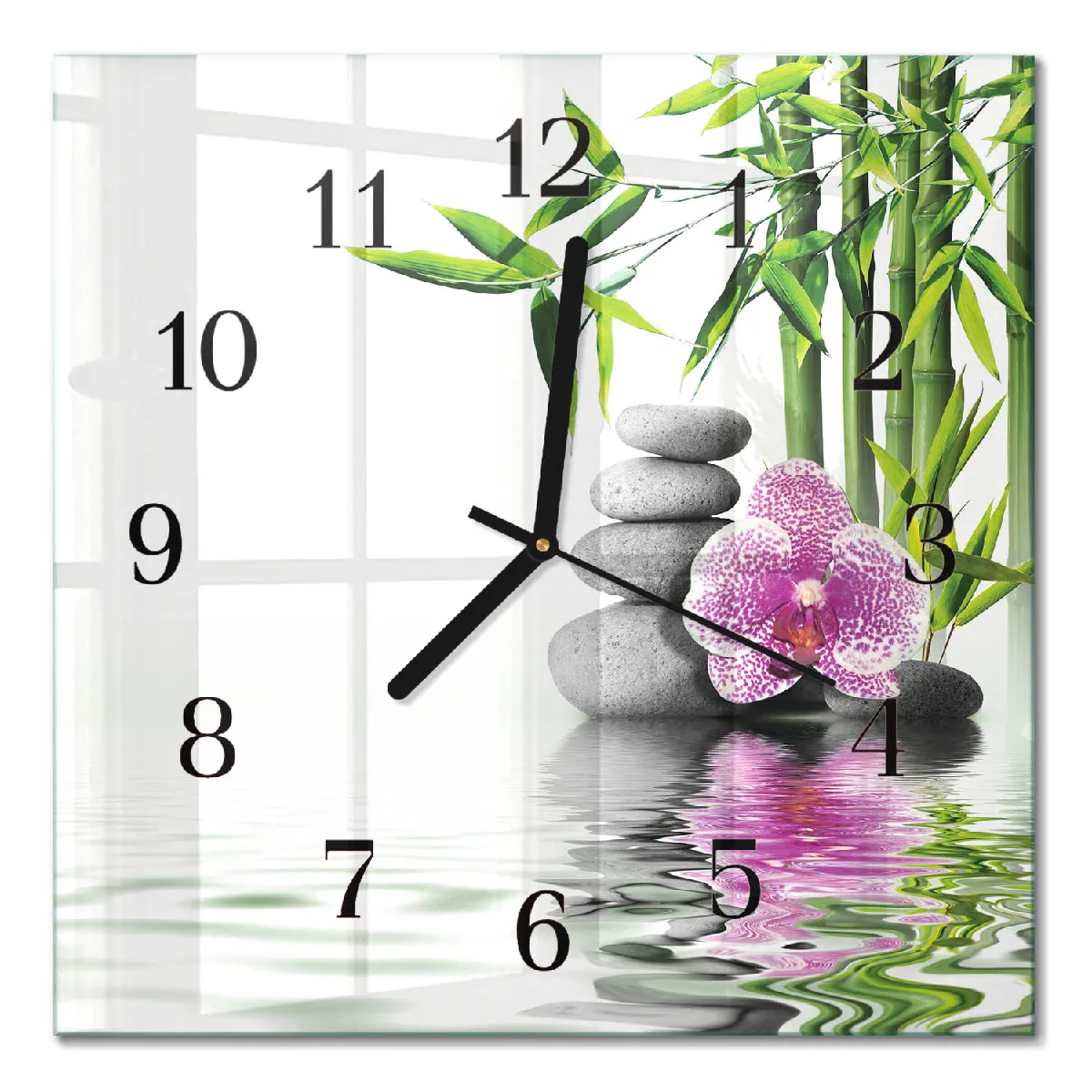Pendule Carrée En Verre Tulup 30x30 cm Pierres d'orchidées Aiguilles noires