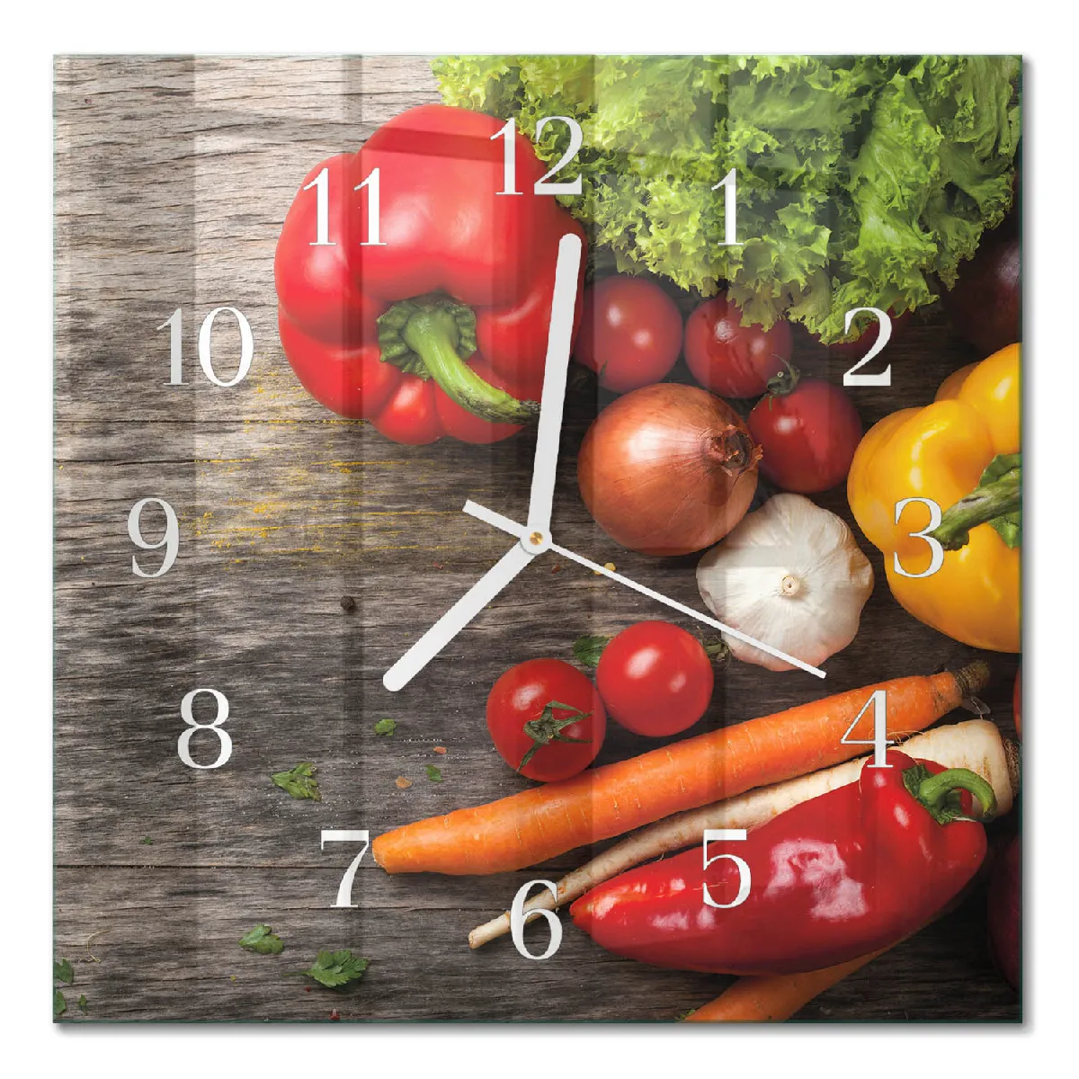 Horloge Carrée En Verre Tulup 30x30 cm Légumes Aiguilles blanches