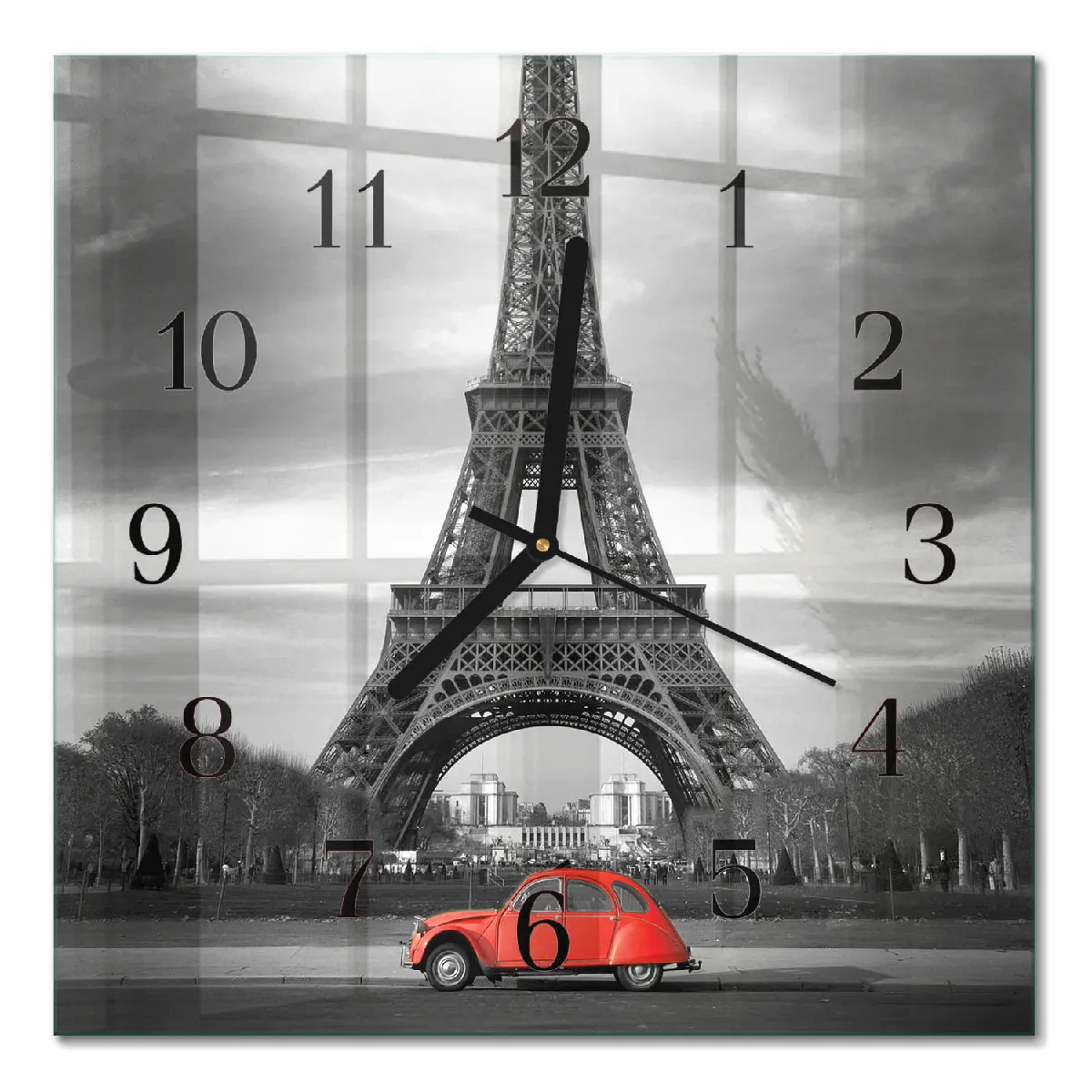 Pendule En Verre Tulup 30x30 cm Voiture de la Tour Eiffel Aiguilles noires