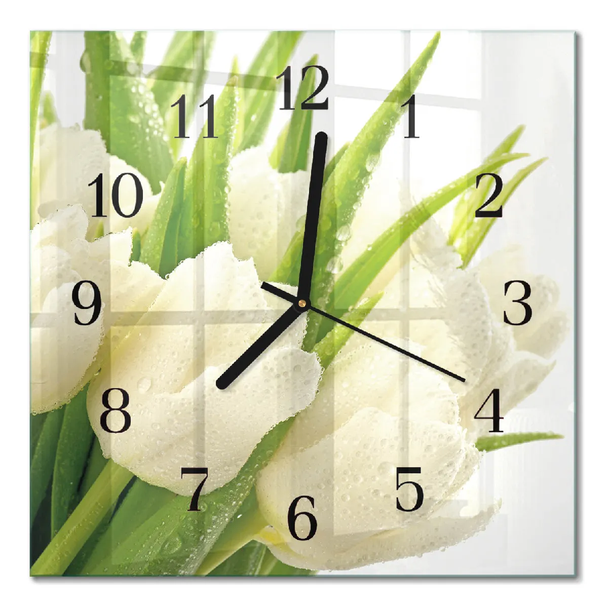 Pendule En Verre Tulup 30x30 cm Tulipes Aiguilles noires