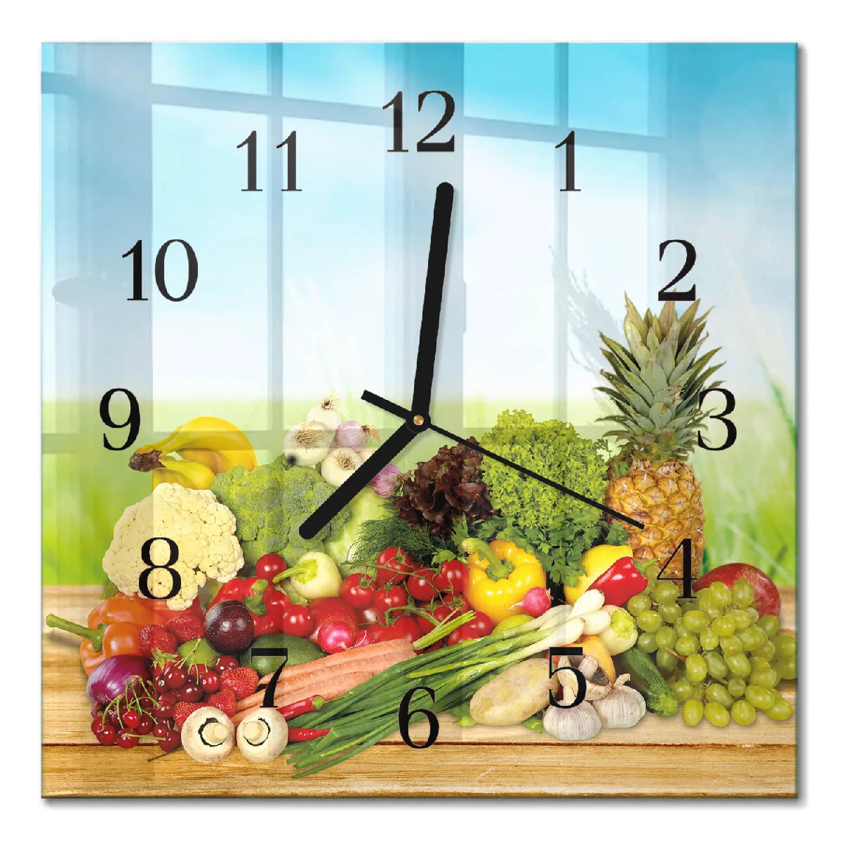 Pendule Carrée En Verre Tulup 30x30 cm Légumes Fruits Aiguilles noires