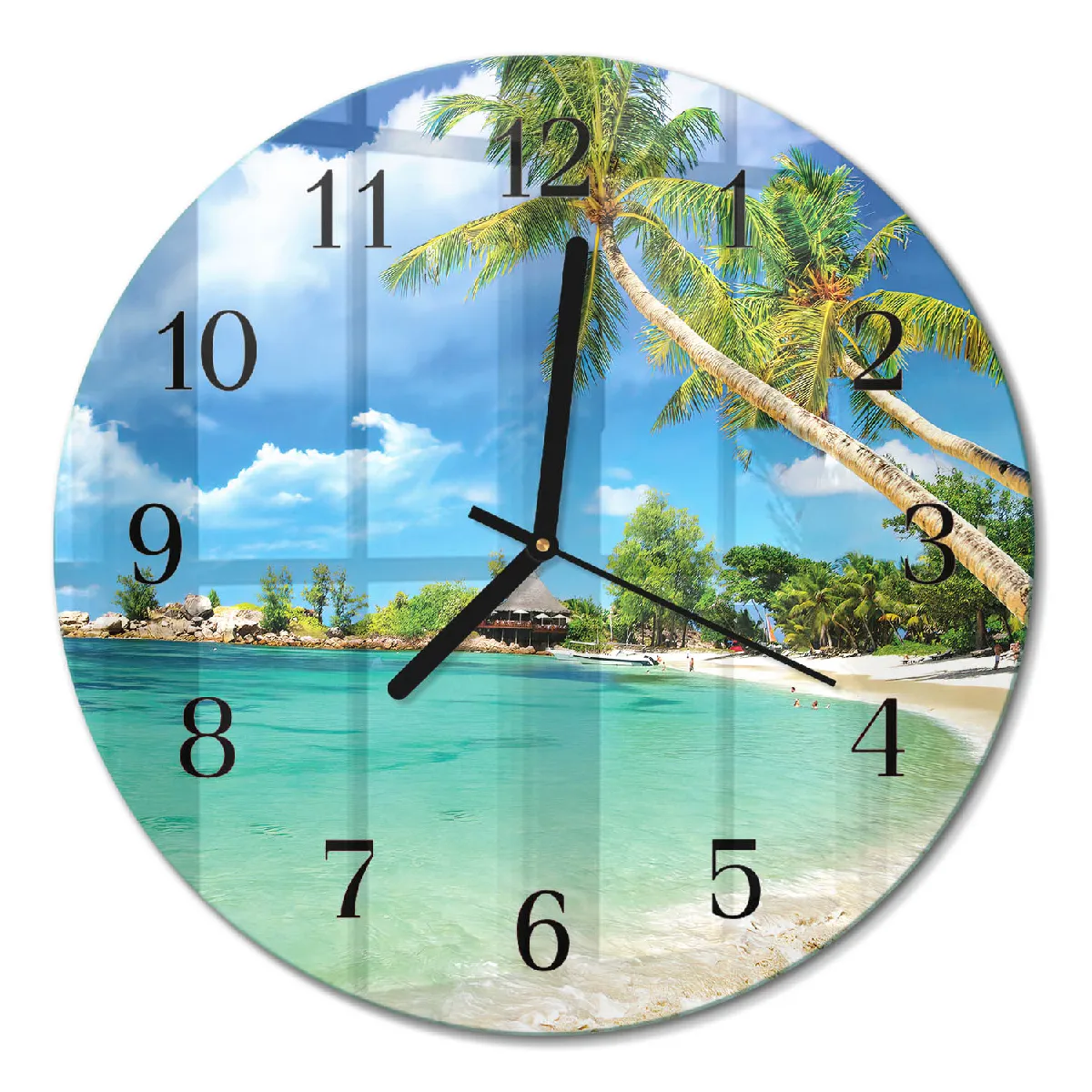 Horloge Ronde Tulup fi30 cm Palmiers de plage Aiguilles noires