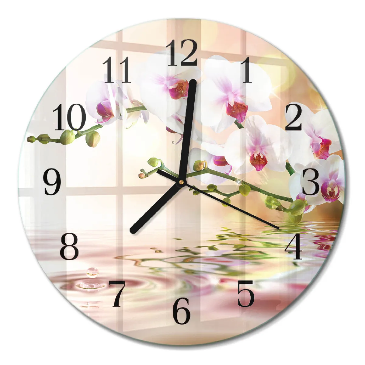 Horloge Ronde Tulup fi30 cm Orchidée Aiguilles noires