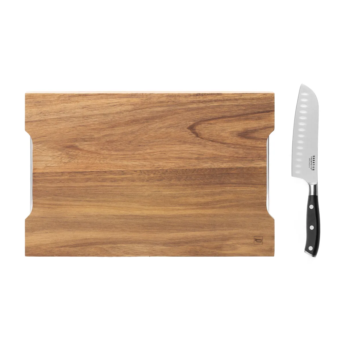 Vulcano - Planche À Découper Doubles Tiroirs 42x28x4cm Et Couteau Santoku 18cm