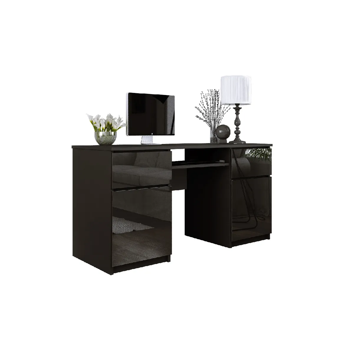 Bureau: 2 Tiroirs, Noir Mat / Noir Brillant, 135 x 77 x 50 cm