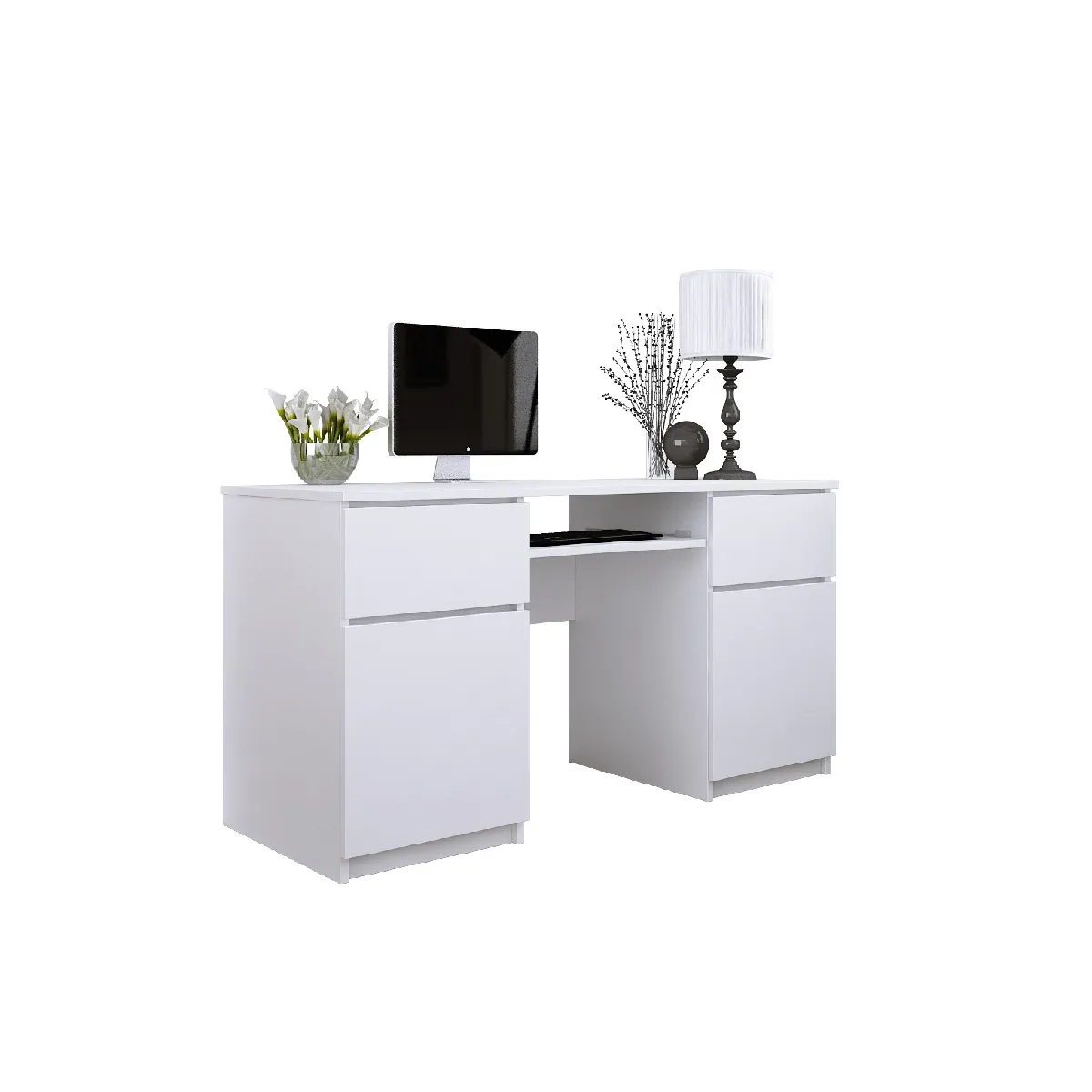 Bureau: 2 Tiroirs, Blanc Mat, 135 x 77 x 50 cm