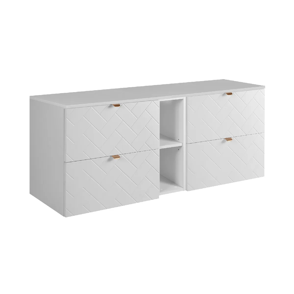 Meuble de salle de bain, Blanc Mat, 140 x 57 x 46 cm, poignées dorées