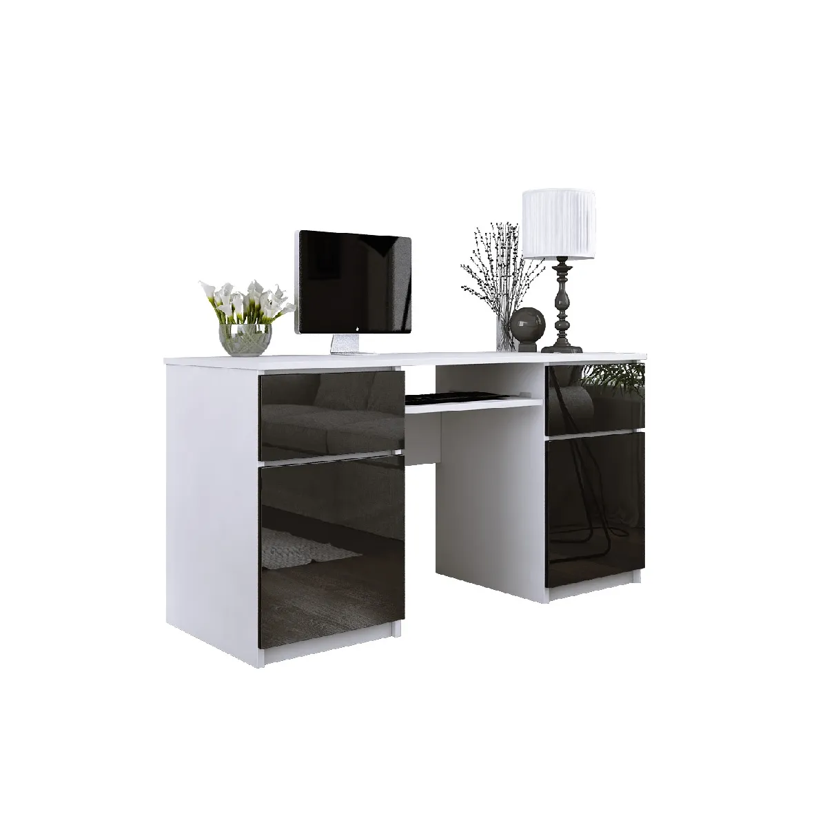 Bureau: 2 Tiroirs, Blanc Mat / Noir Brillant, 135 x 77 x 50 cm