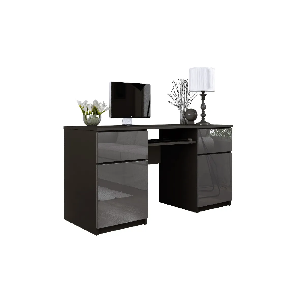 Bureau: 2 Tiroirs, Noir Mat/ Gris Brillant, 135 x 77 x 50 cm