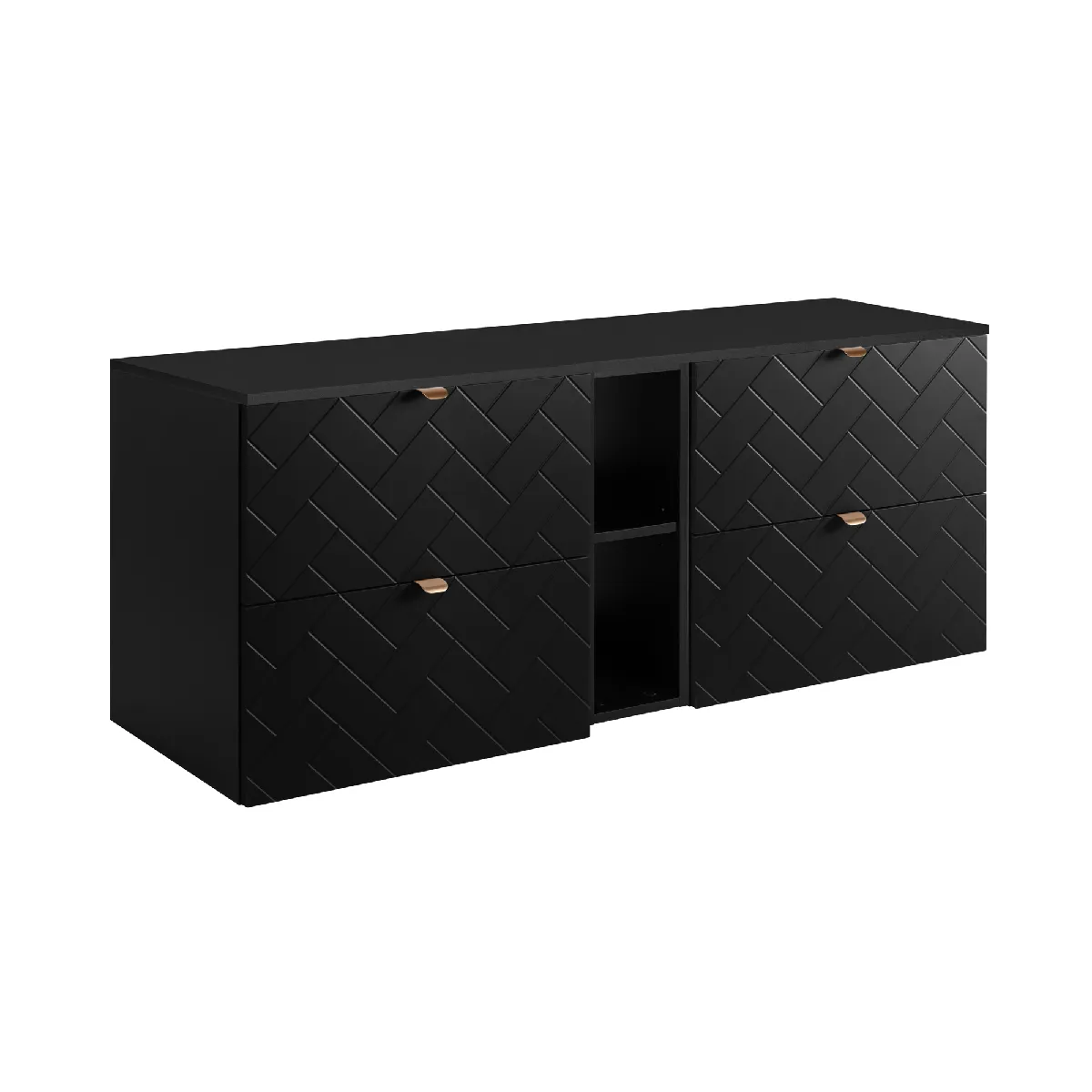 Meuble de salle de bain, Noir Mat, 140 x 57 x 46 cm, poignées dorées