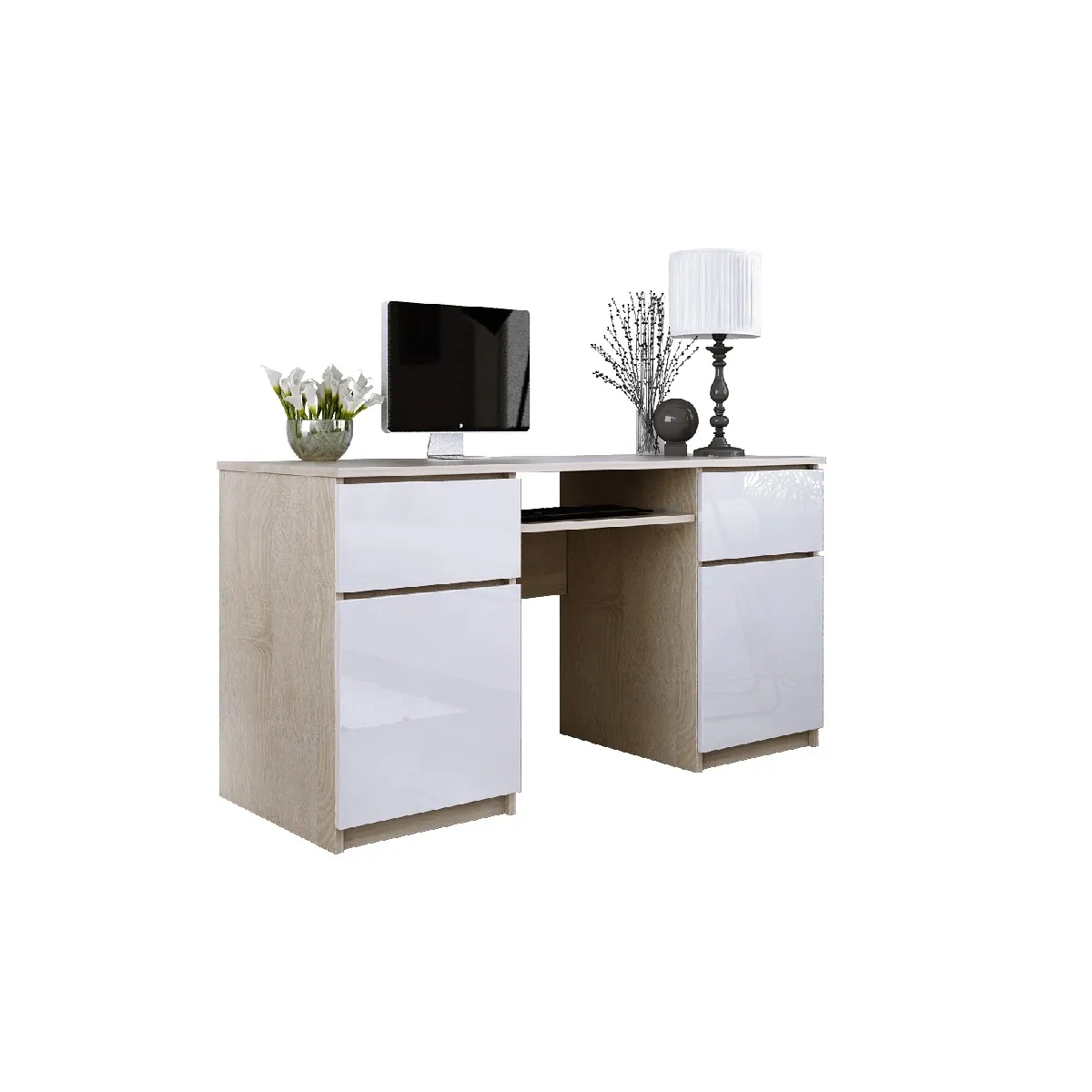 Bureau: 2 Tiroirs, Chêne Sonoma / Blanc Brillant, 135 x 77 x 50 cm