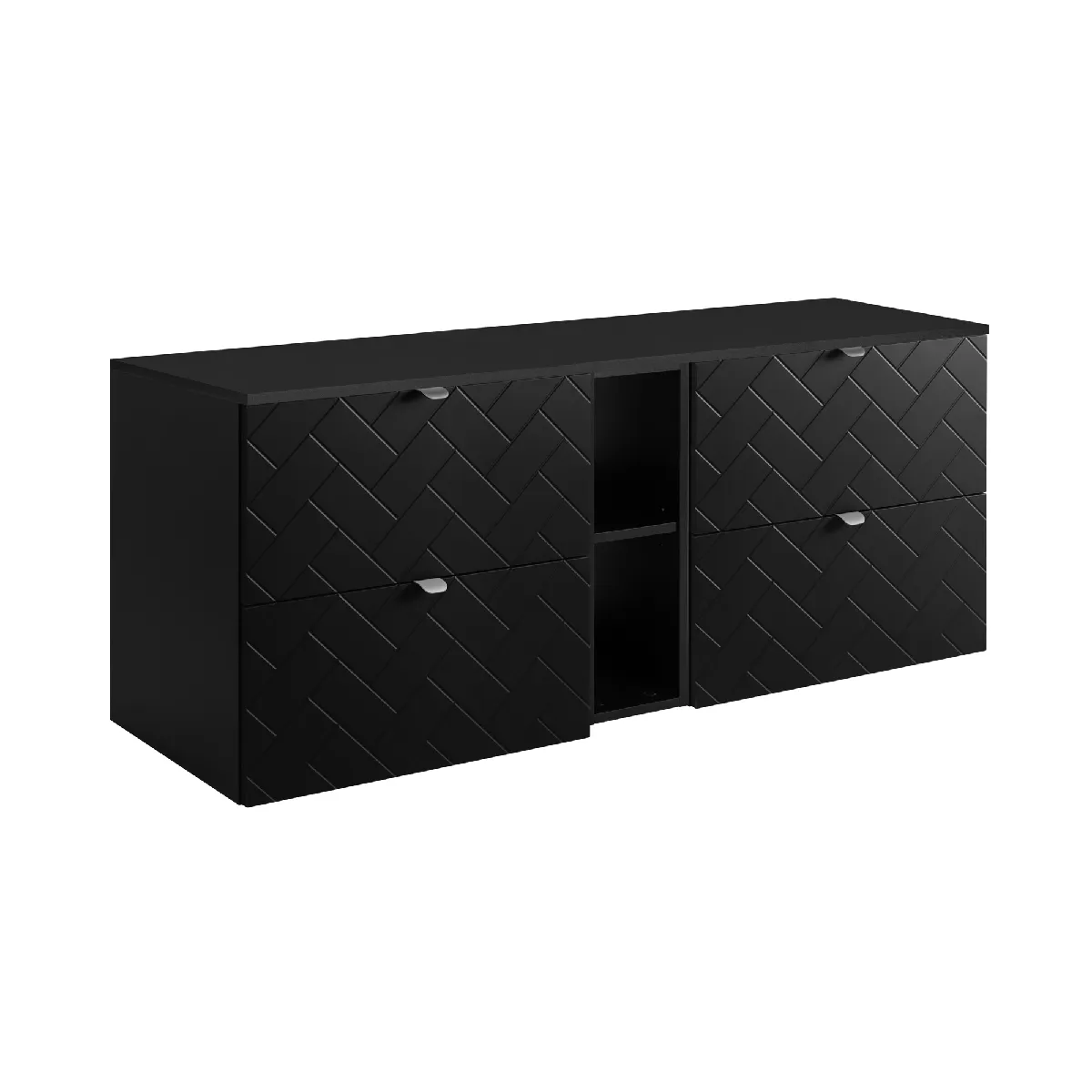 Meuble de salle de bain, Noir Mat, 140 x 57 x 46 cm, poignées argentées
