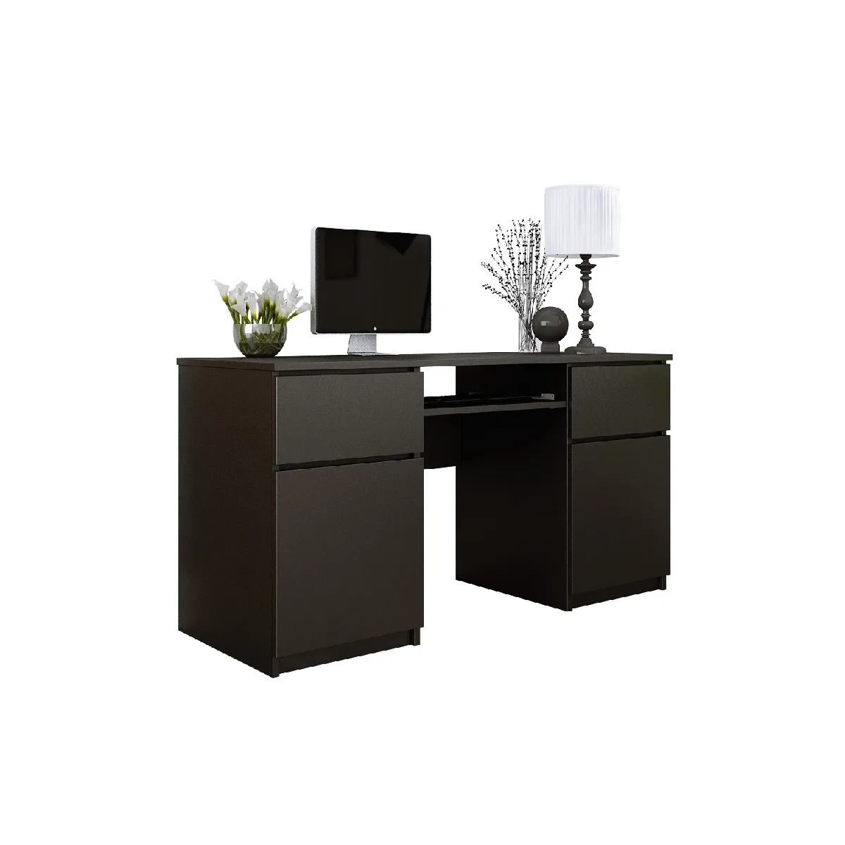 Bureau: 2 Tiroirs, Noir Mat, 135 x 77 x 50 cm