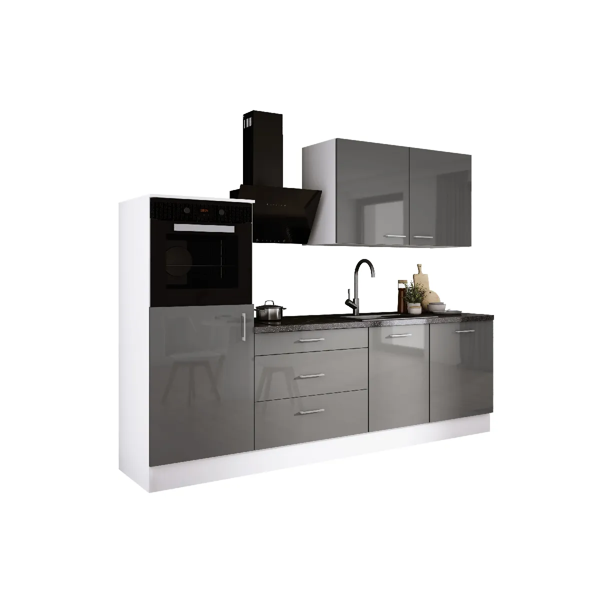 Ensemble de cuisine: Blanc Mat, Gris Brillant, d: l: 250 cm, h: 220 cm, p: 60 cm