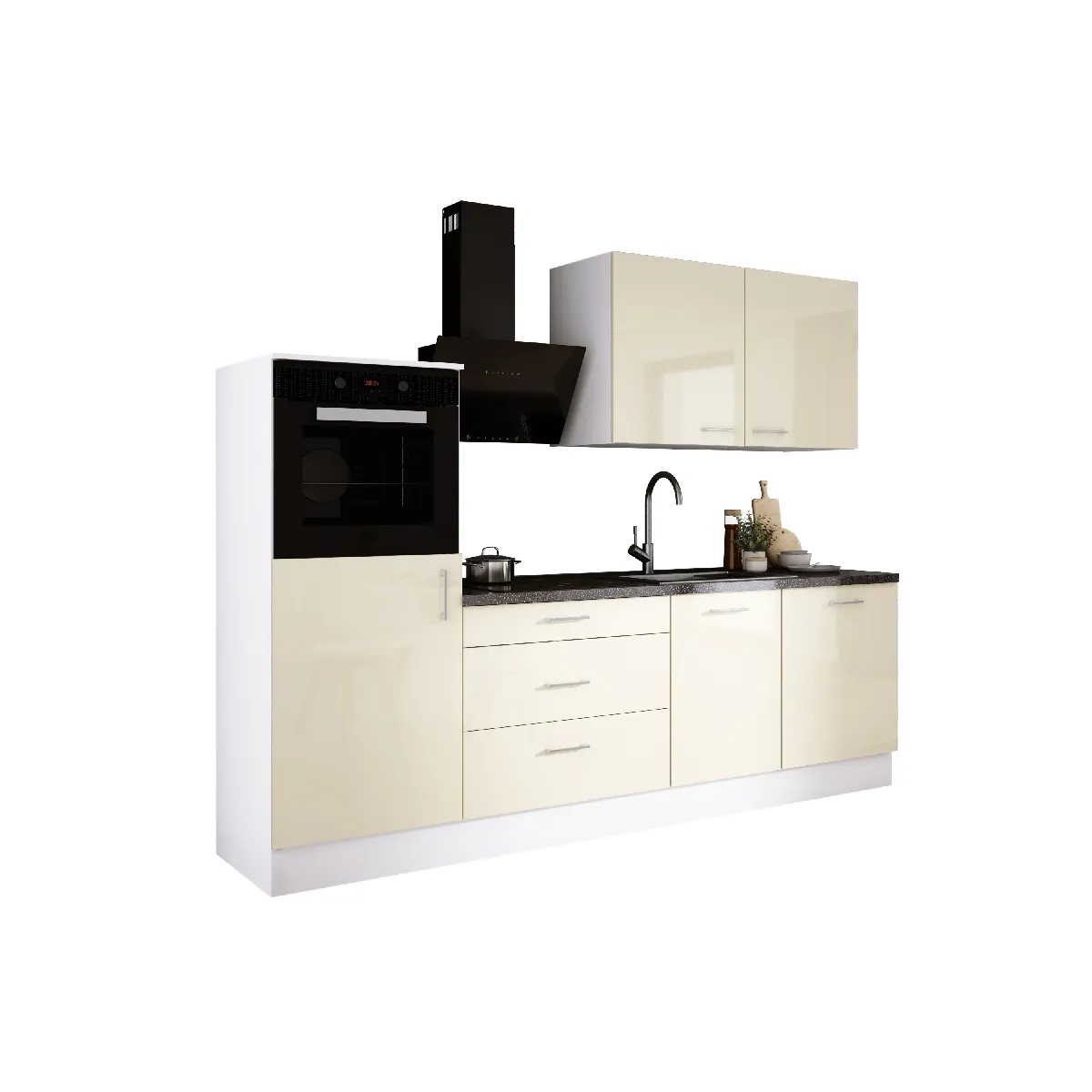 Ensemble de cuisine: Blanc Mat, Crème Brillant, d: l: 250 cm, h: 220 cm, p: 60 cm