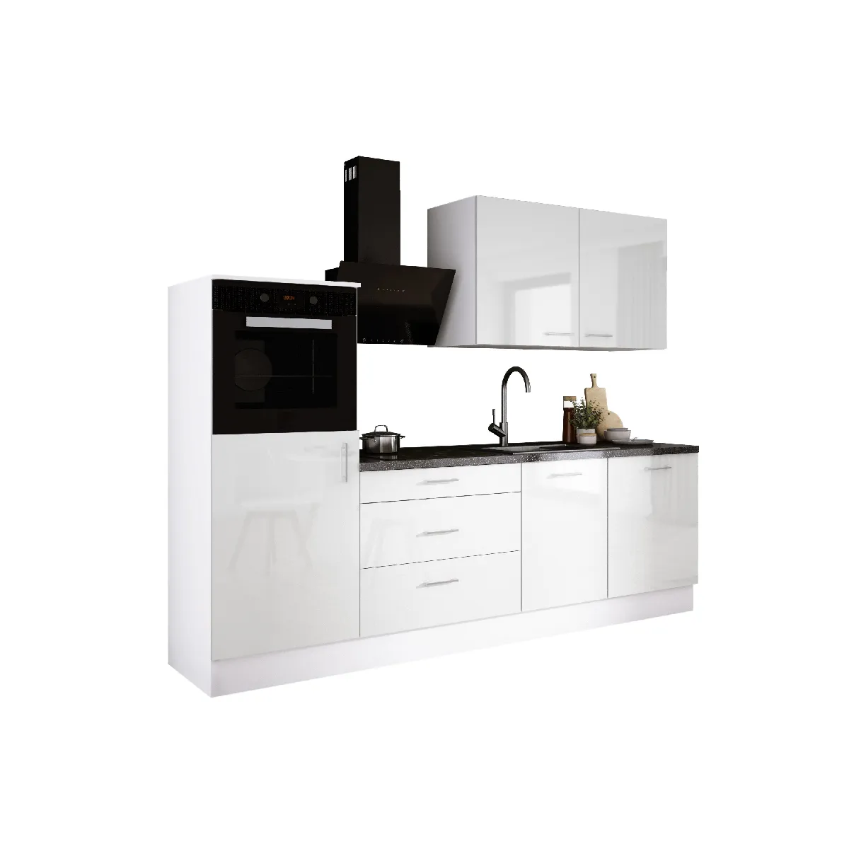 Ensemble de cuisine: Blanc Mat, Blanc Brillant, d: l: 250 cm, h: 220 cm, p: 60 cm