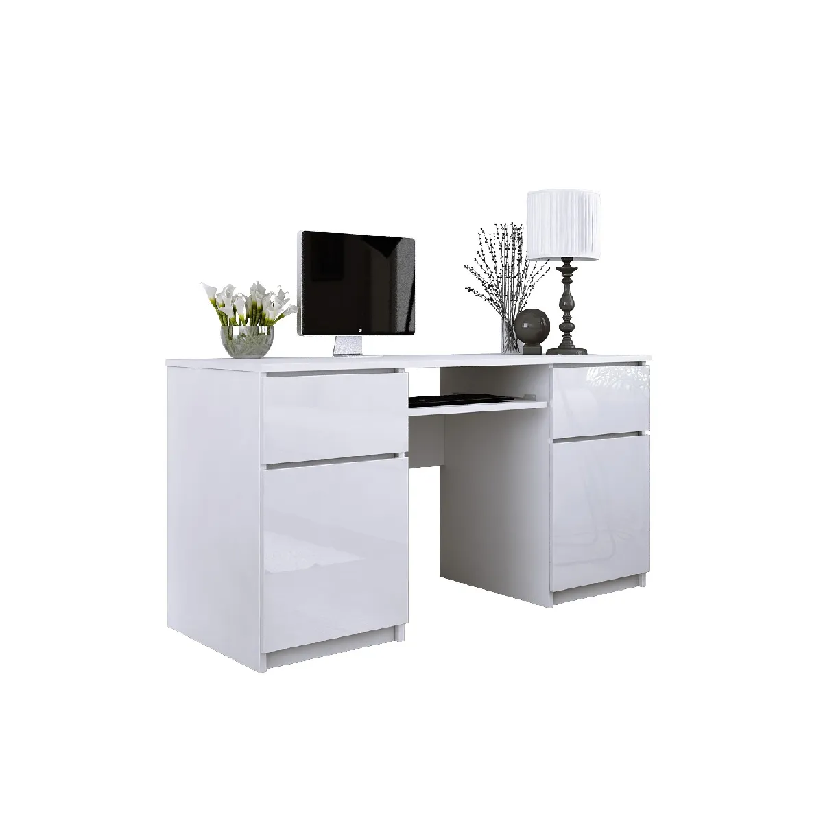 Bureau: 2 Tiroirs, Blanc Mat / Blanc Brillant, 135 x 77 x 50 cm
