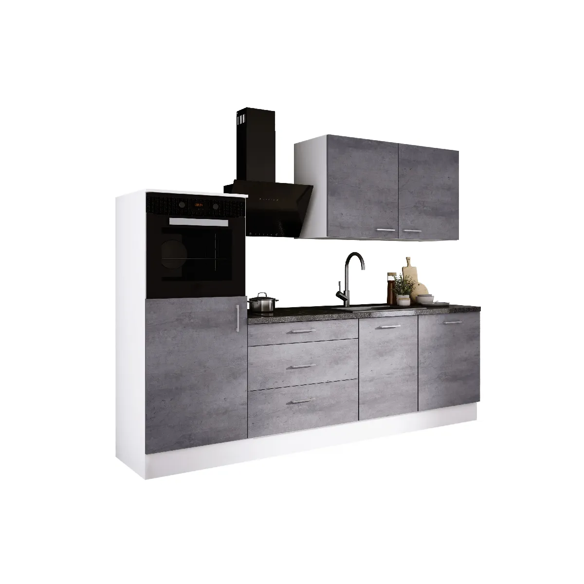Ensemble de cuisine: Blanc Mat, Béton, d: l: 250 cm, h: 220 cm, p: 60 cm