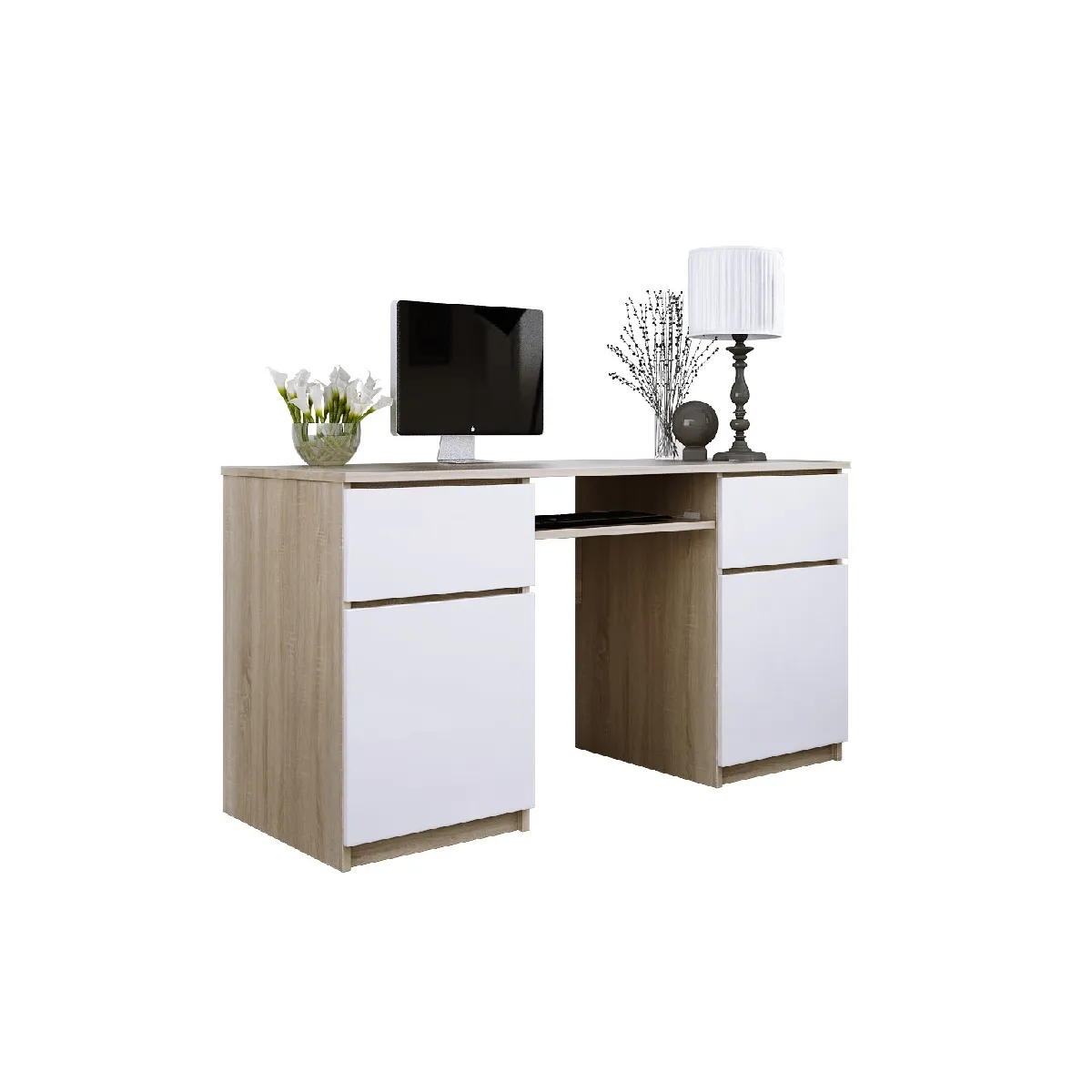 Bureau: 2 Tiroirs, Chêne Sonoma / Blanc Mat, 135 x 77 x 50 cm